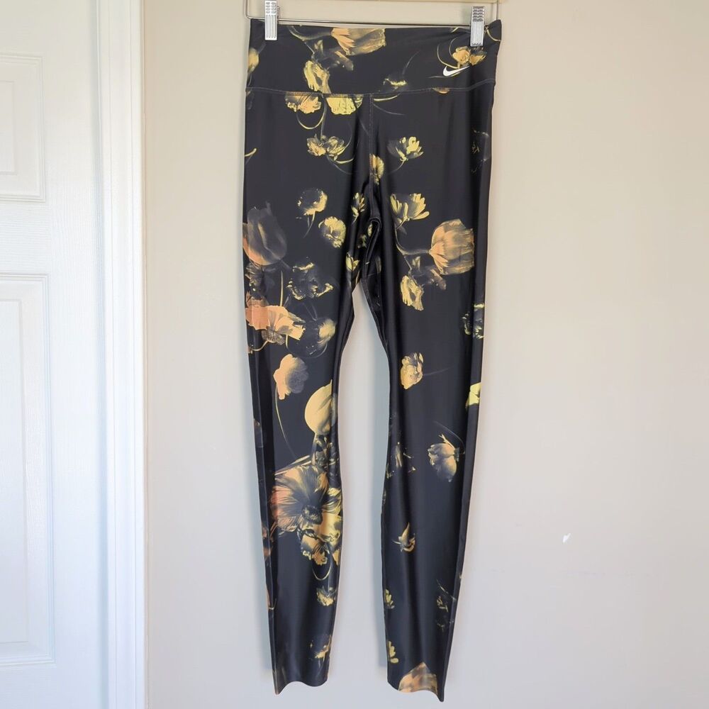 Nike Power Tight Black Floral Print Dri Fit Medium Running Workout Gym Leggings